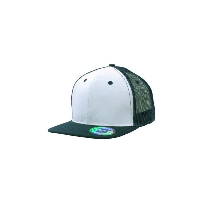 White flat peak cap with navy accents