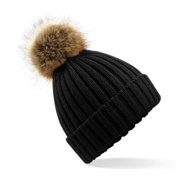 Fur Pom Pom Chunky Beanie - B412 - Black